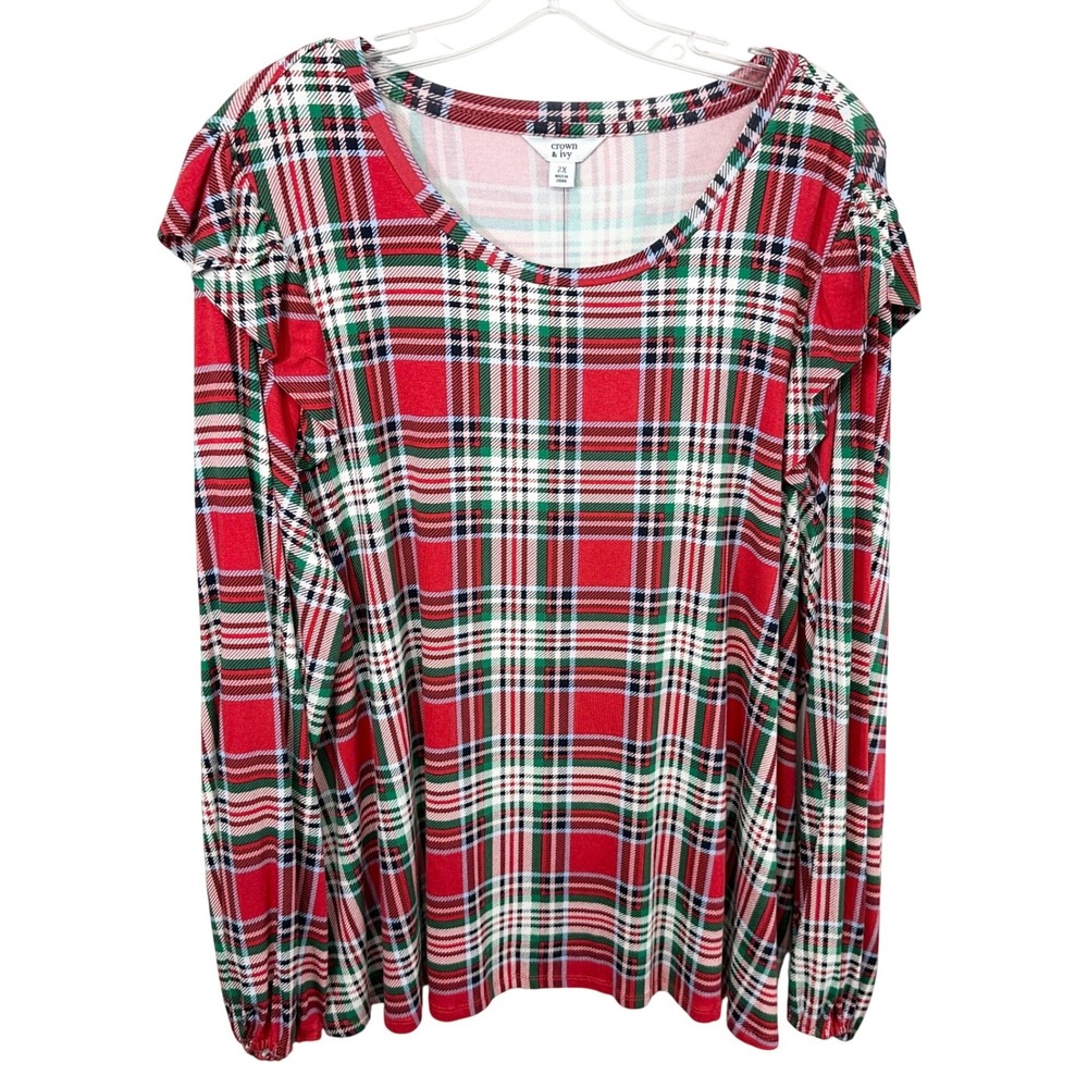 Crown & Ivy Plus Size 2X Top Red Green Plaid Ruffle Christmas Holiday NWT 956